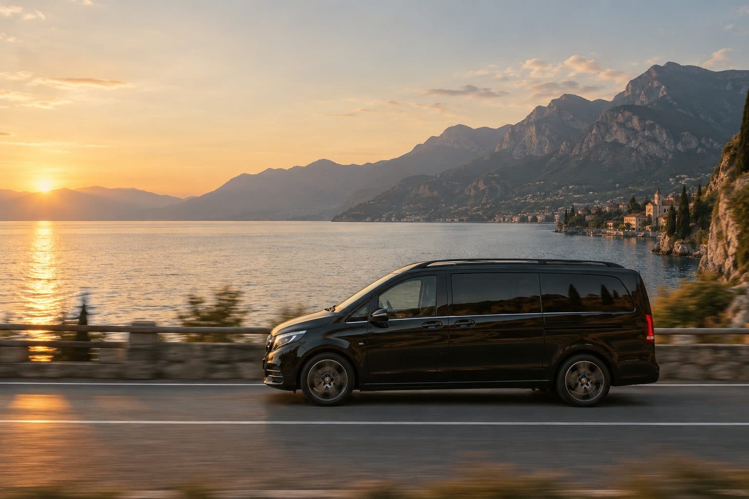 Ein schwarzer GardaTaxi-Van an der Uferpromenade des Gardasees bei Sonnenuntergang