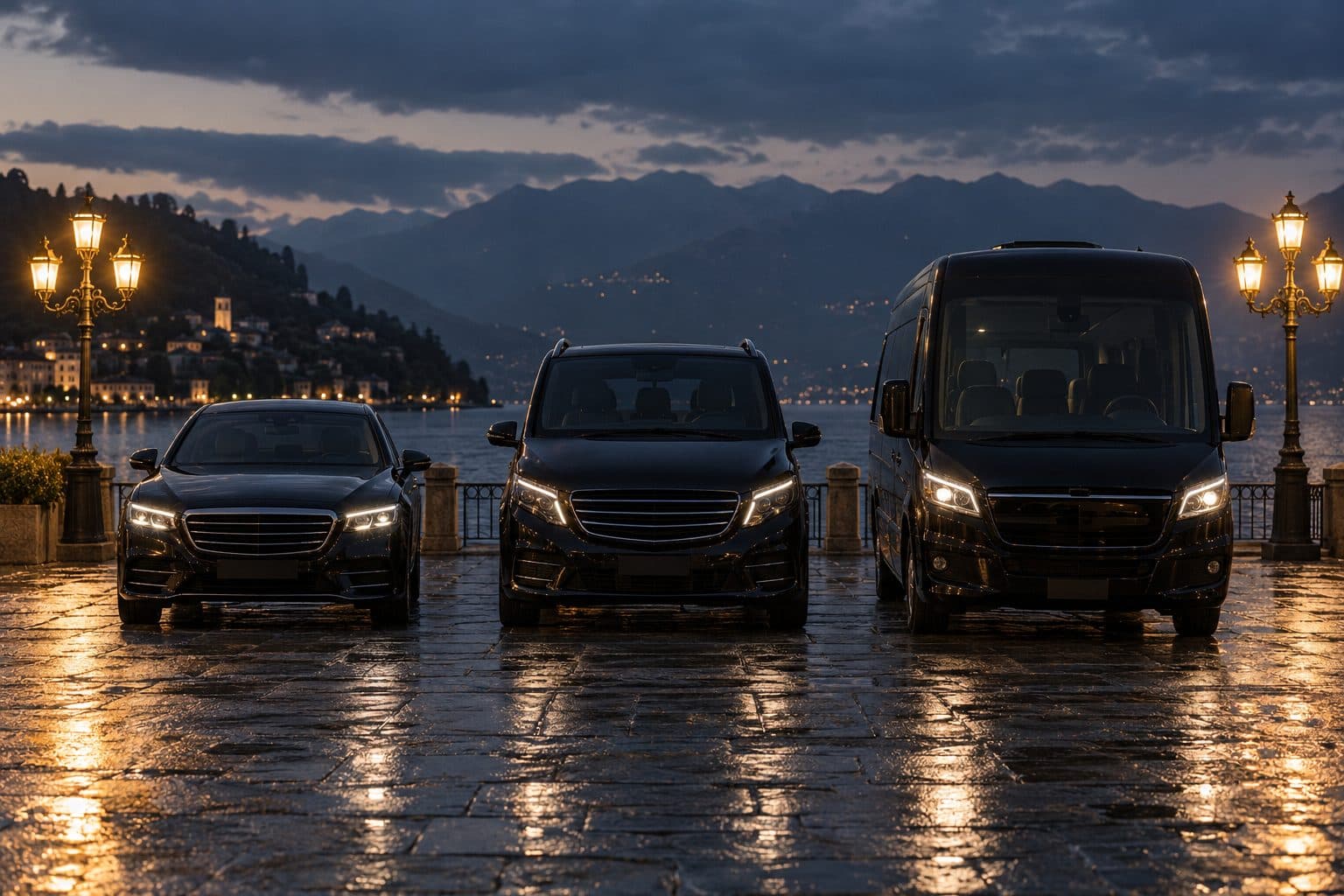 Schwarze Limousine, Van und Kleinbus am Abend an der Uferpromenade