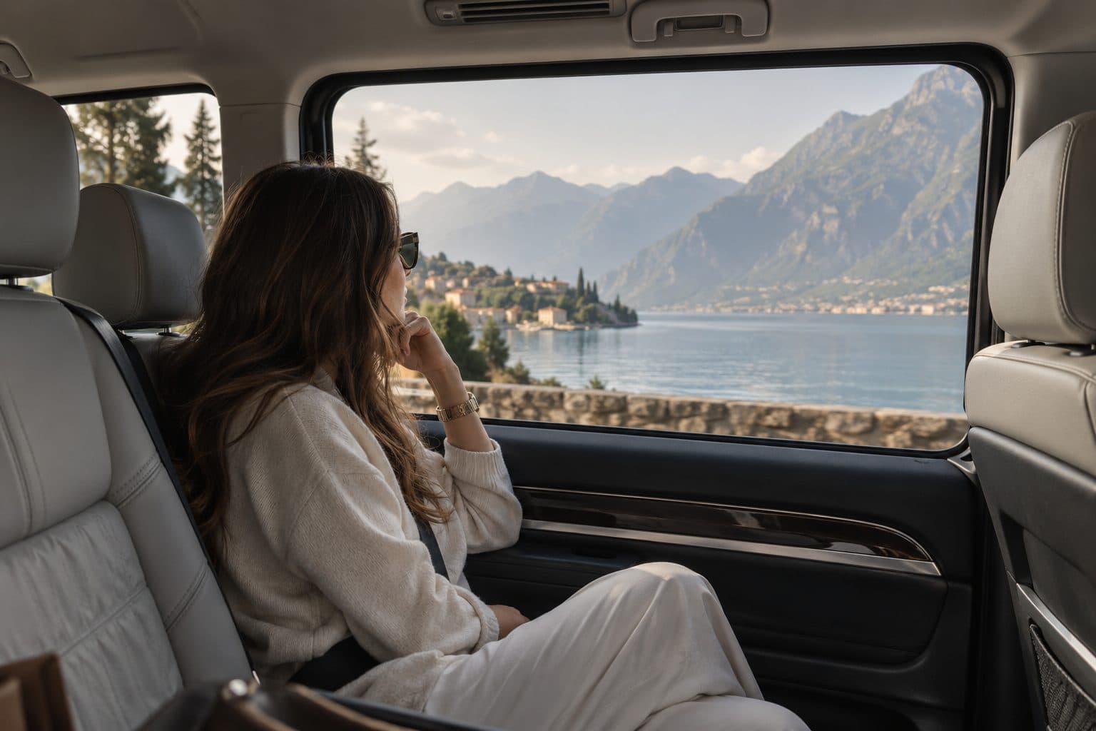 Eine Passagierin auf dem Rücksitz blickt durch das Fenster auf den See
