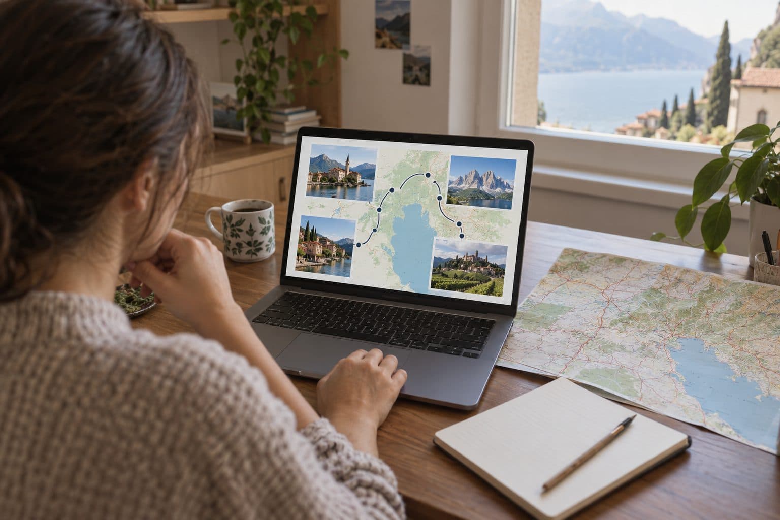 Reiseroute auf dem Laptop, mit einer Karte von Norditalien