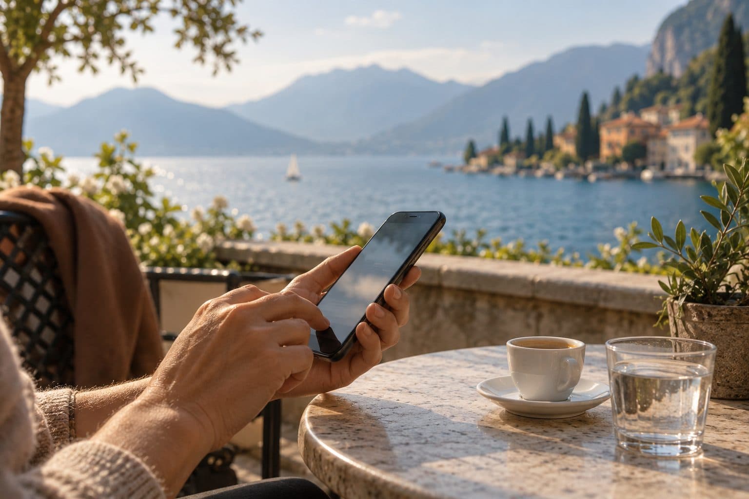 Eine Hand tippt eine Nachricht auf dem Handy, im Hintergrund der See