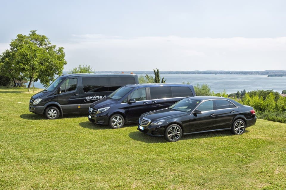 Mercedes Sprinter, Classe V e Classe E GardaTaxi su un prato affacciato sul Lago di Garda